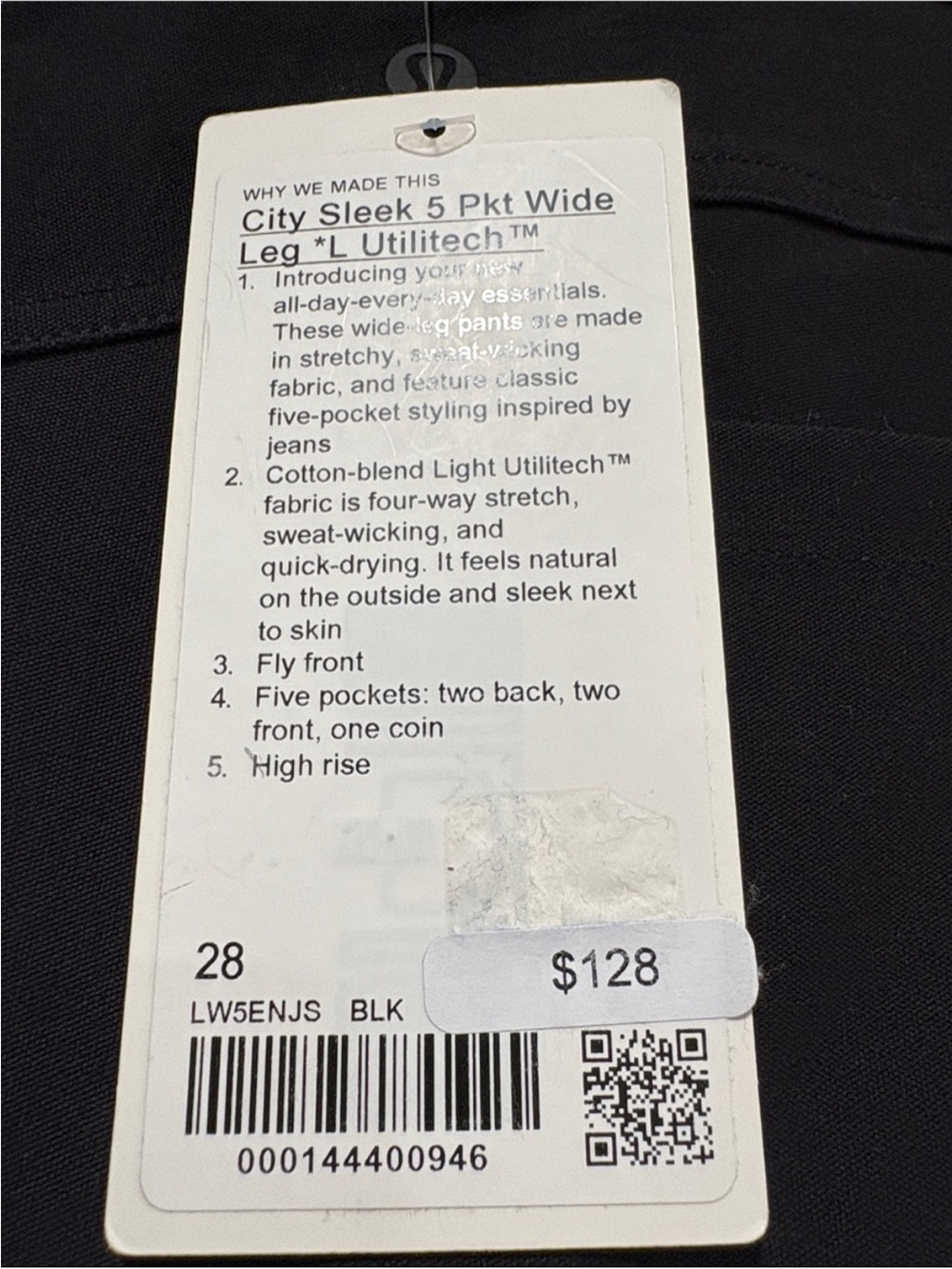 Lululemon Athletica Black City Sleek 5Pkt Wide Leg Pants, Size 28, NWT - Picture 9 of 11